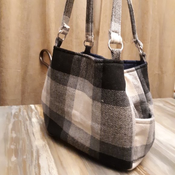 Classic Plaid Wool Handbag Purse Shoulder bag Satchel Gray Black Ivory Blue Med - Picture 6 of 8